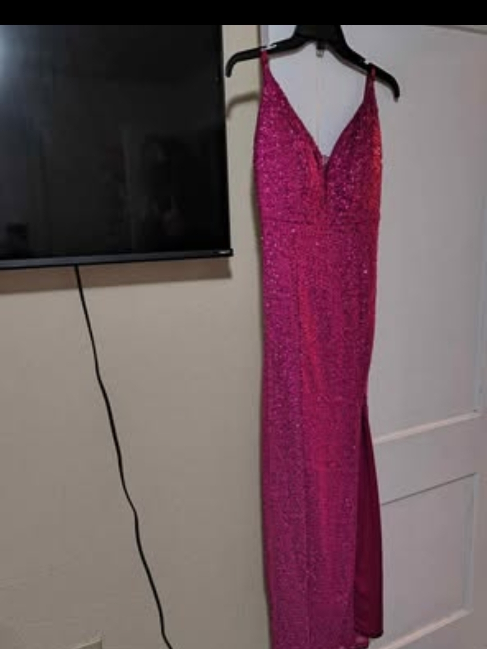 Fuchsia Sequin Spaghetti Strap Gown